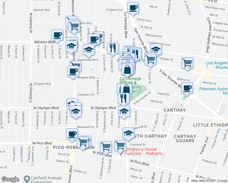 map of restaurants, bars, coffee shops, grocery stores, and more near 848 South Holt Avenue in Los Angeles
