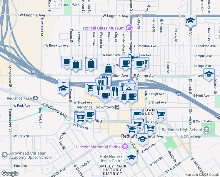 map of restaurants, bars, coffee shops, grocery stores, and more near 341 West Pearl Avenue in Redlands