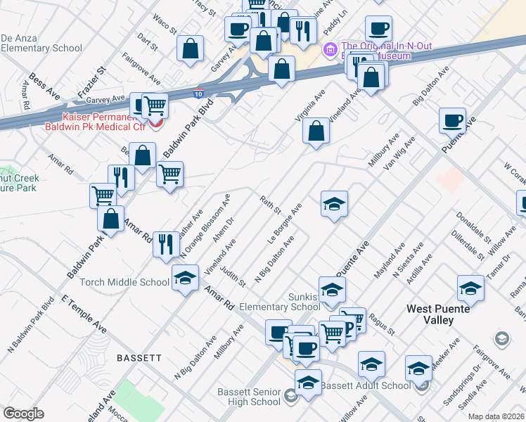 map of restaurants, bars, coffee shops, grocery stores, and more near 1042 Vineland Avenue in La Puente