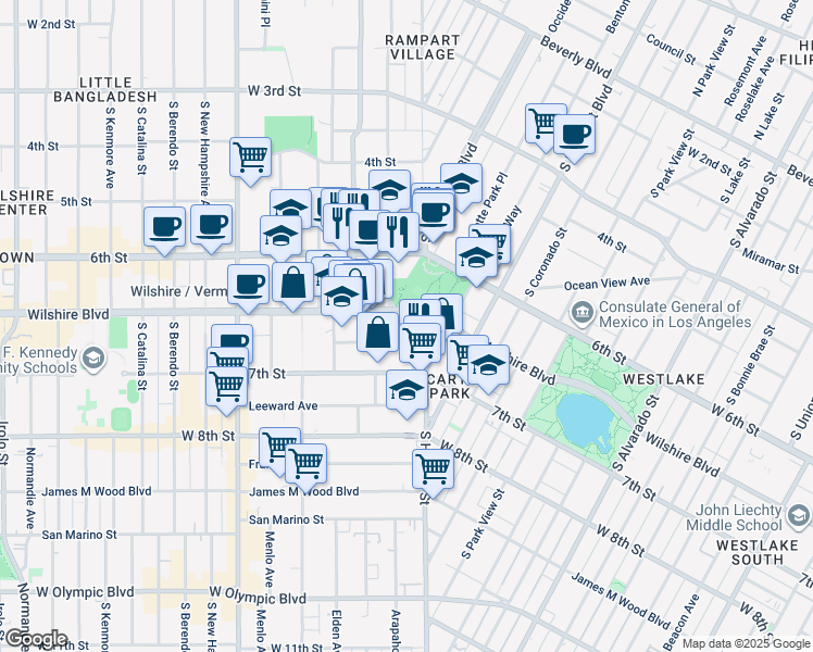map of restaurants, bars, coffee shops, grocery stores, and more near 2801 Sunset Place in Los Angeles