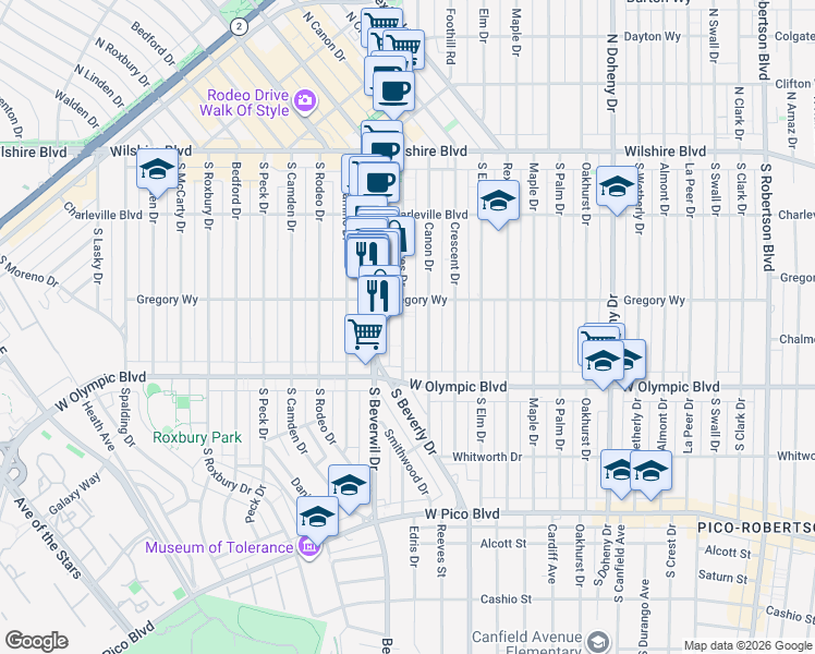 map of restaurants, bars, coffee shops, grocery stores, and more near 320 South Reeves Drive in Beverly Hills