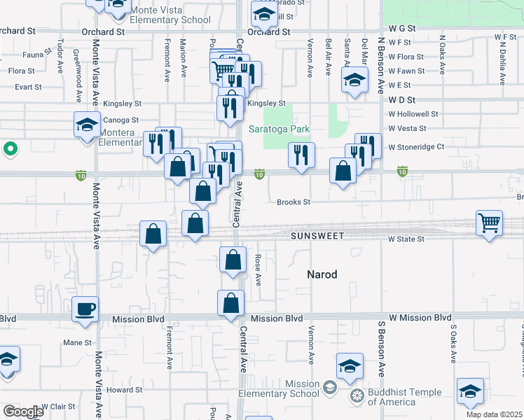 map of restaurants, bars, coffee shops, grocery stores, and more near 10598 Rose Ave in Montclair
