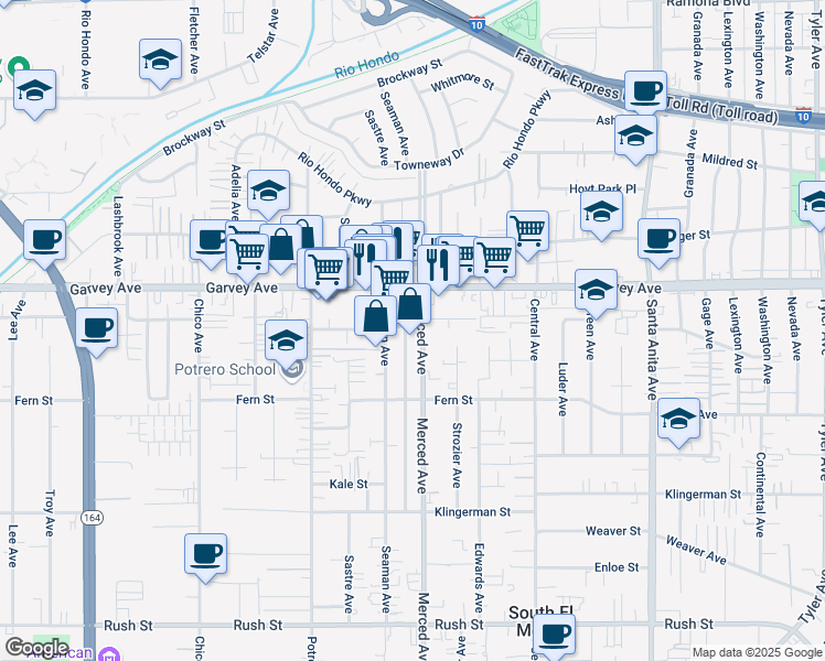 map of restaurants, bars, coffee shops, grocery stores, and more near 2717 Merced Avenue in El Monte