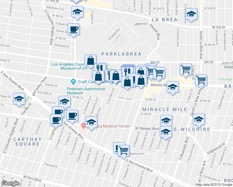 map of restaurants, bars, coffee shops, grocery stores, and more near 741 South Curson Avenue in Los Angeles
