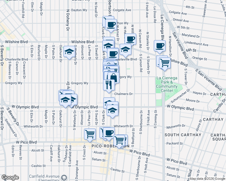 map of restaurants, bars, coffee shops, grocery stores, and more near 822 South Robertson Boulevard in Los Angeles