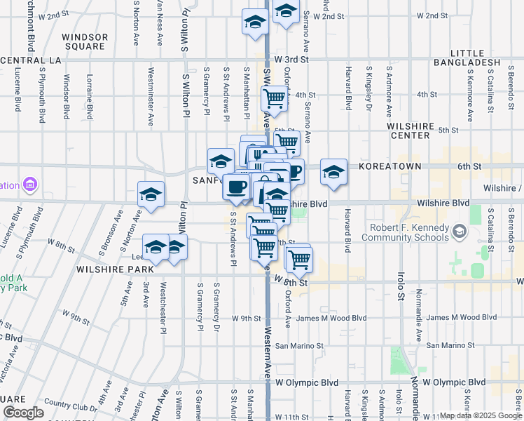 map of restaurants, bars, coffee shops, grocery stores, and more near 621 South Western Avenue in Los Angeles