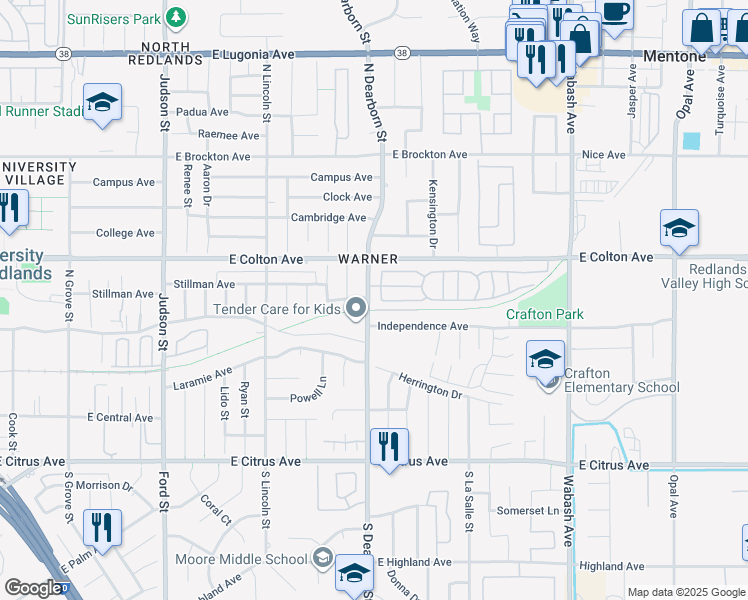 map of restaurants, bars, coffee shops, grocery stores, and more near 626 North Dearborn Street in Redlands