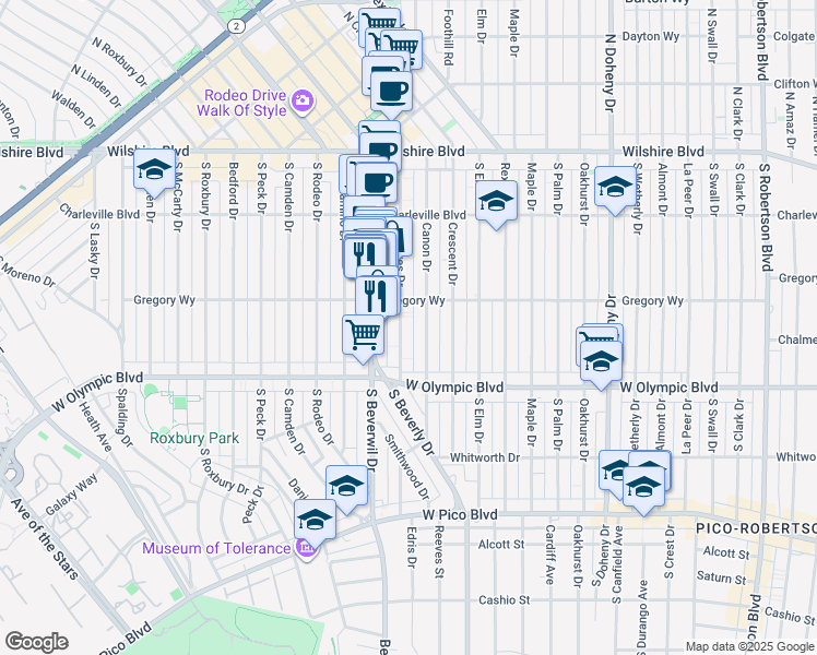 map of restaurants, bars, coffee shops, grocery stores, and more near 304 South Reeves Drive in Beverly Hills