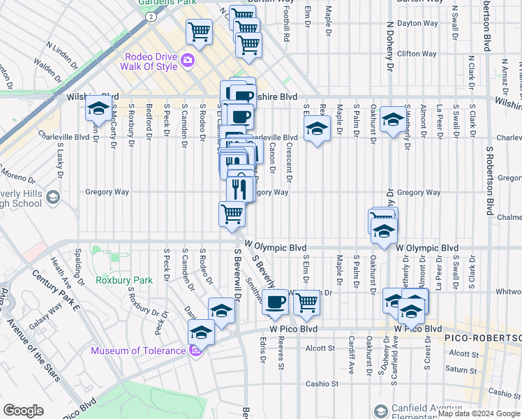 map of restaurants, bars, coffee shops, grocery stores, and more near 320 South Reeves Drive in Beverly Hills