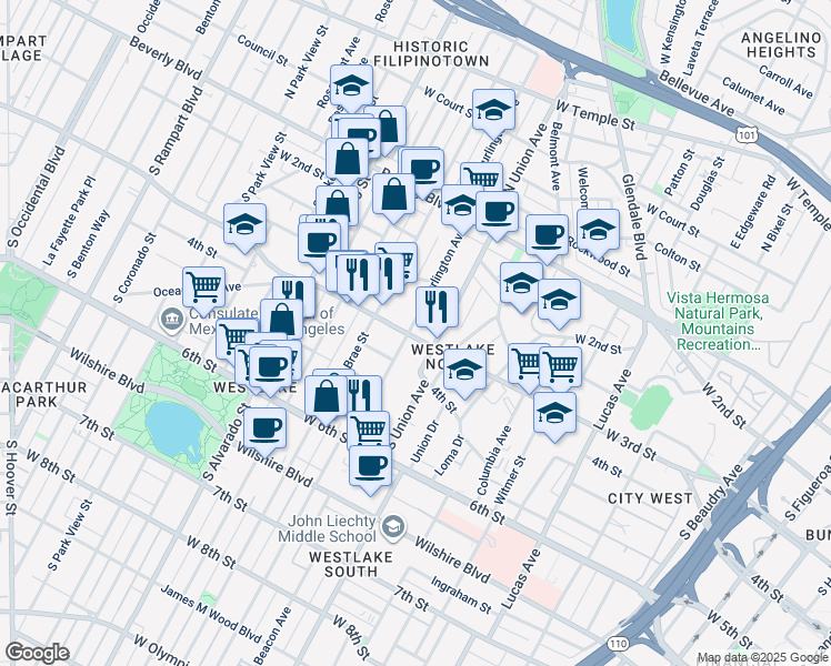 map of restaurants, bars, coffee shops, grocery stores, and more near 261s South Burlington Avenue in Los Angeles