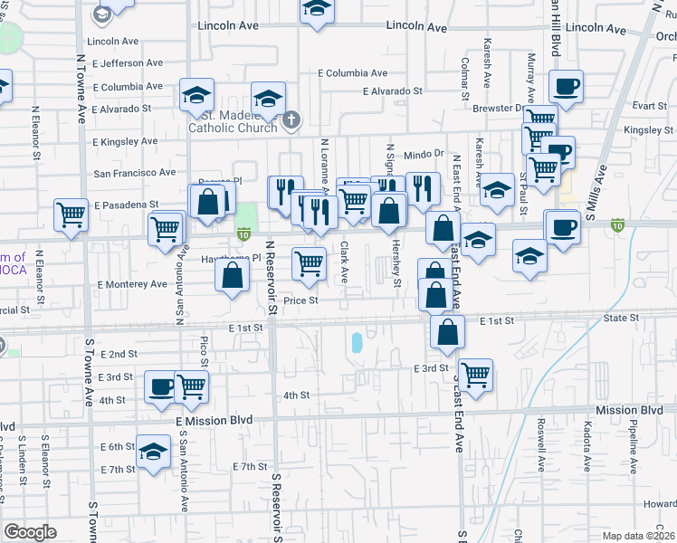 map of restaurants, bars, coffee shops, grocery stores, and more near 1100 East Holt Avenue in Pomona