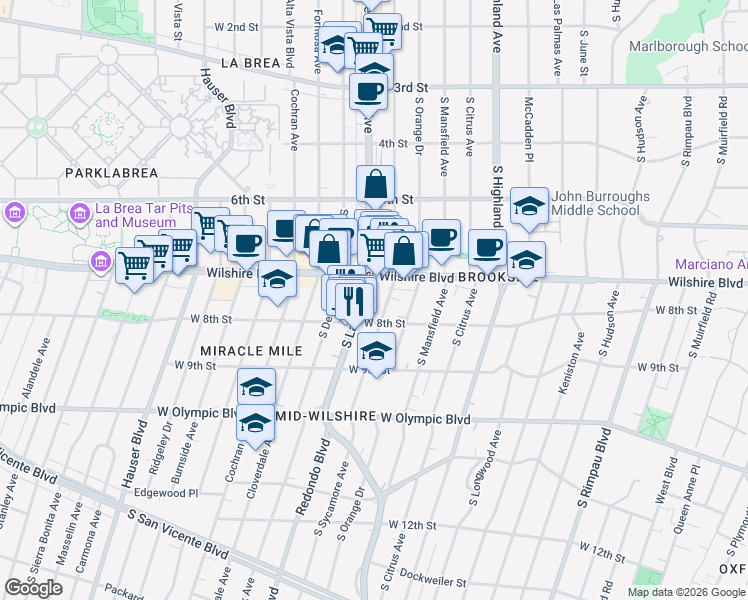 map of restaurants, bars, coffee shops, grocery stores, and more near 5200 Wilshire Boulevard in Los Angeles