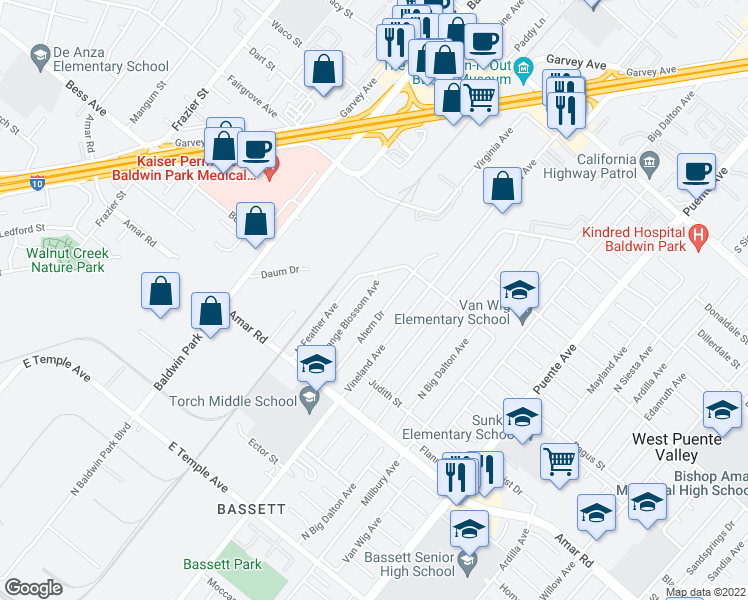 map of restaurants, bars, coffee shops, grocery stores, and more near 1024 North Orange Blossom Avenue in La Puente