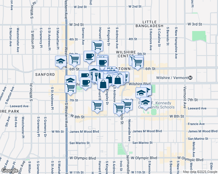 map of restaurants, bars, coffee shops, grocery stores, and more near 3621 Wilshire Boulevard in Los Angeles