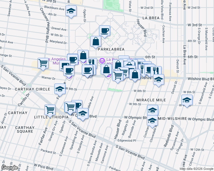 map of restaurants, bars, coffee shops, grocery stores, and more near 741 South Curson Avenue in Los Angeles