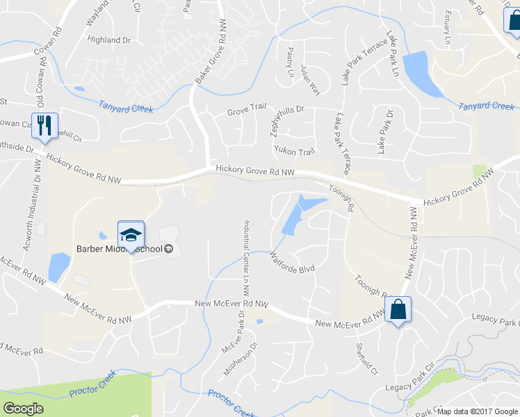 map of restaurants, bars, coffee shops, grocery stores, and more near 4250 Industrial Center Lane Northwest in Acworth