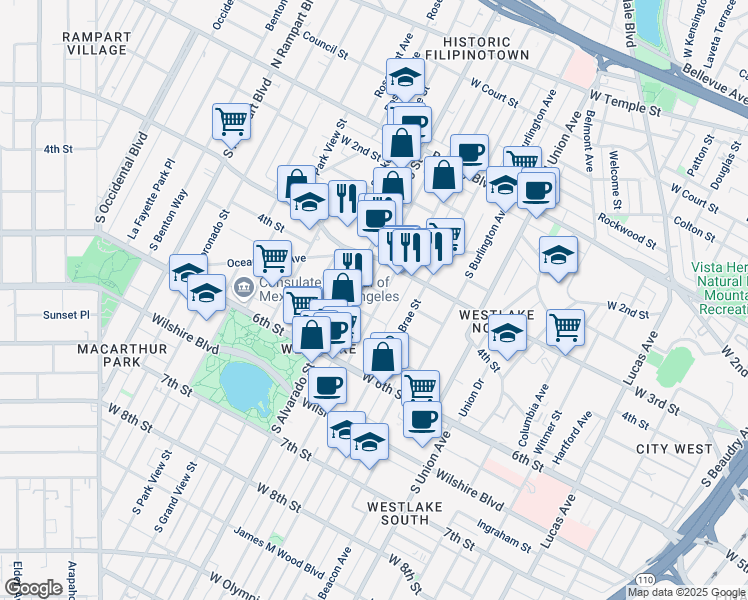 map of restaurants, bars, coffee shops, grocery stores, and more near 345 South Westlake Avenue in Los Angeles