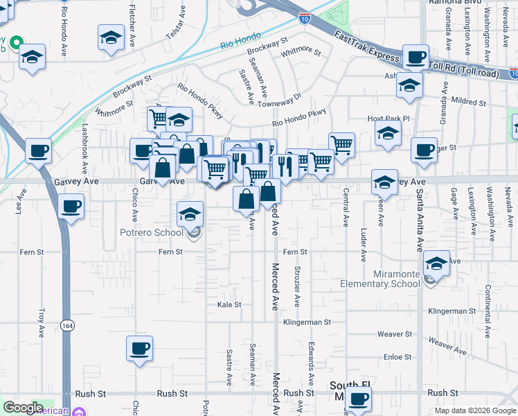 map of restaurants, bars, coffee shops, grocery stores, and more near 2714 Seaman Avenue in El Monte