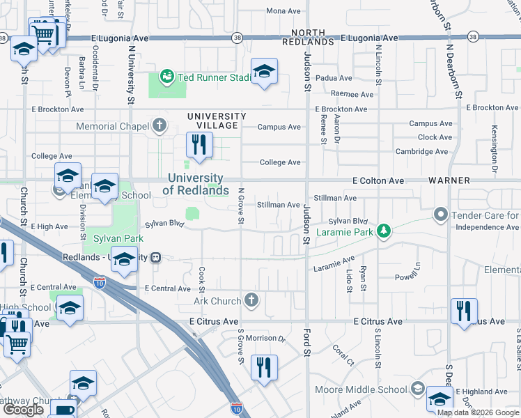 map of restaurants, bars, coffee shops, grocery stores, and more near 1318 Stillman Avenue in Redlands