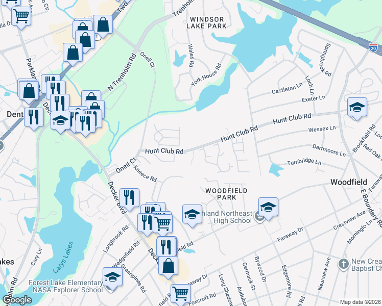 map of restaurants, bars, coffee shops, grocery stores, and more near 19 Foxborough Road in Columbia