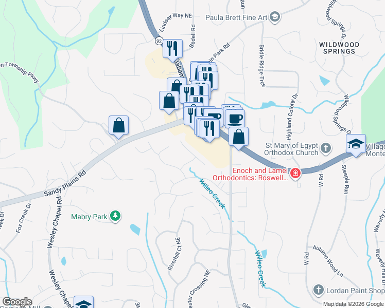 map of restaurants, bars, coffee shops, grocery stores, and more near 4629 Wickford Cir in Roswell