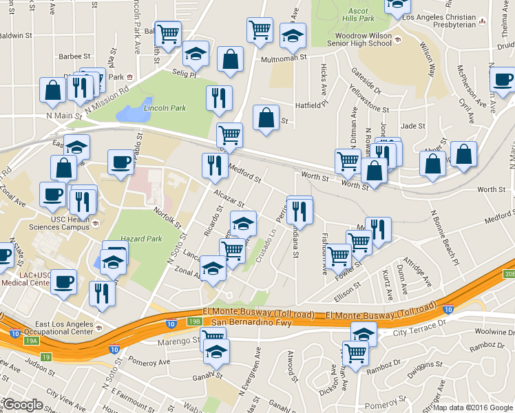 map of restaurants, bars, coffee shops, grocery stores, and more near 1611 Murchison Street in Los Angeles