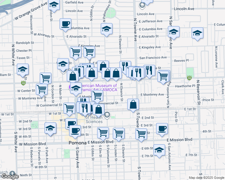 map of restaurants, bars, coffee shops, grocery stores, and more near in Pomona