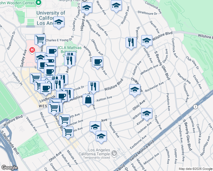 map of restaurants, bars, coffee shops, grocery stores, and more near 10655 Wilshire Boulevard in Los Angeles