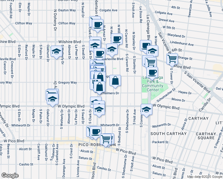 map of restaurants, bars, coffee shops, grocery stores, and more near 819 1/2 South Shenandoah Street in Los Angeles