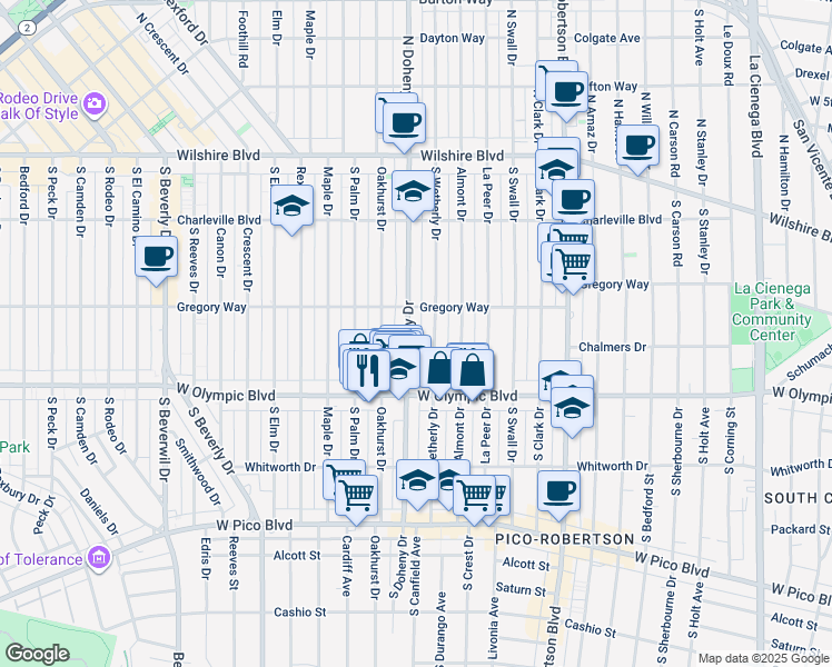 map of restaurants, bars, coffee shops, grocery stores, and more near 301 South Wetherly Drive in Beverly Hills