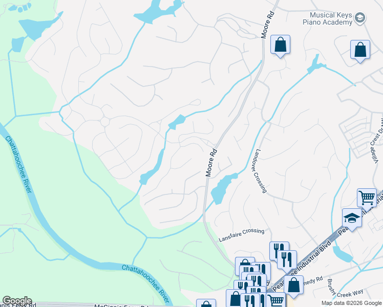map of restaurants, bars, coffee shops, grocery stores, and more near 4554 Allen Hollow Place in Suwanee