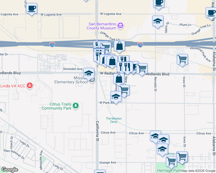 map of restaurants, bars, coffee shops, grocery stores, and more near 2061 West Redlands Boulevard in Redlands
