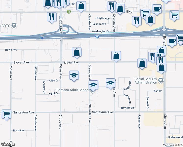 map of restaurants, bars, coffee shops, grocery stores, and more near 10583 Oleander Avenue in Fontana
