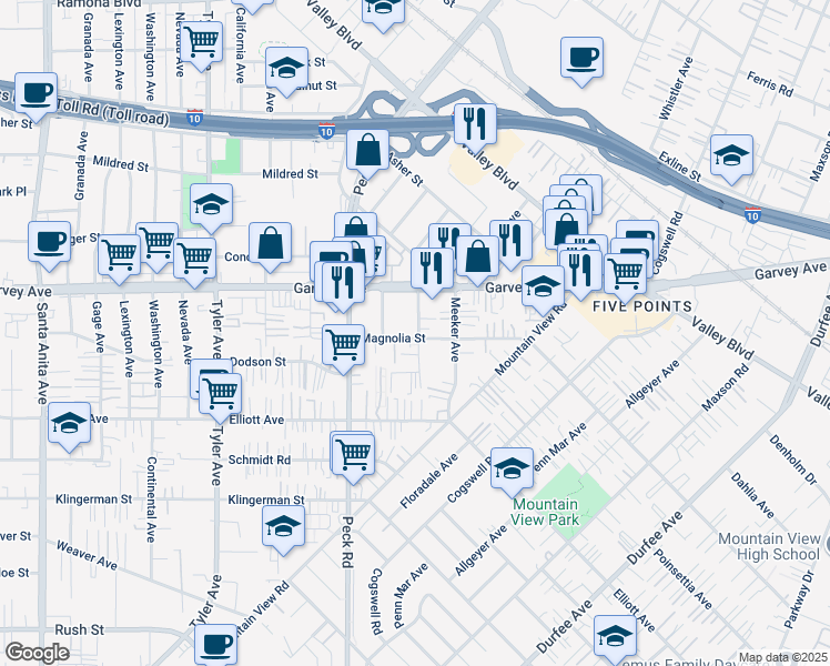 map of restaurants, bars, coffee shops, grocery stores, and more near 2803 Musgrove Avenue in El Monte