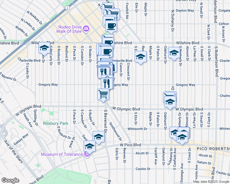 map of restaurants, bars, coffee shops, grocery stores, and more near 322 South Reeves Drive in Beverly Hills