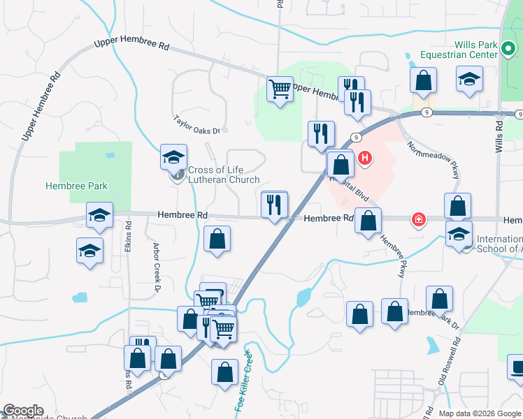 map of restaurants, bars, coffee shops, grocery stores, and more near 140 Enclave Court in Roswell