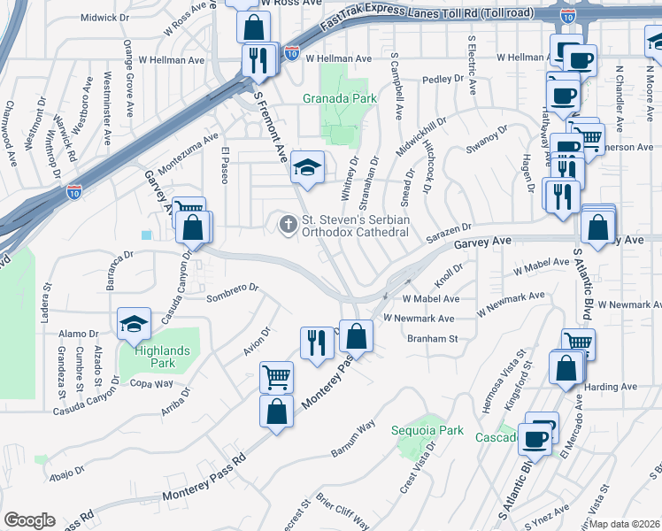 map of restaurants, bars, coffee shops, grocery stores, and more near 2 South Fremont Avenue in Alhambra