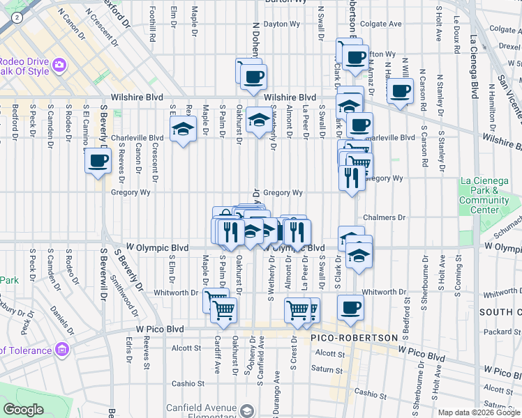 map of restaurants, bars, coffee shops, grocery stores, and more near 320 South Doheny Drive in Beverly Hills