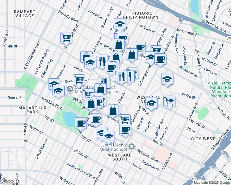 map of restaurants, bars, coffee shops, grocery stores, and more near 334 South Westlake Avenue in Los Angeles