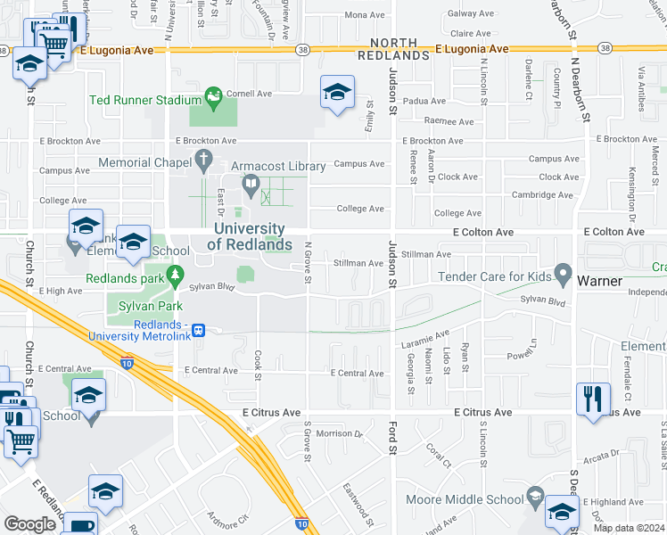 map of restaurants, bars, coffee shops, grocery stores, and more near 1318 Stillman Avenue in Redlands