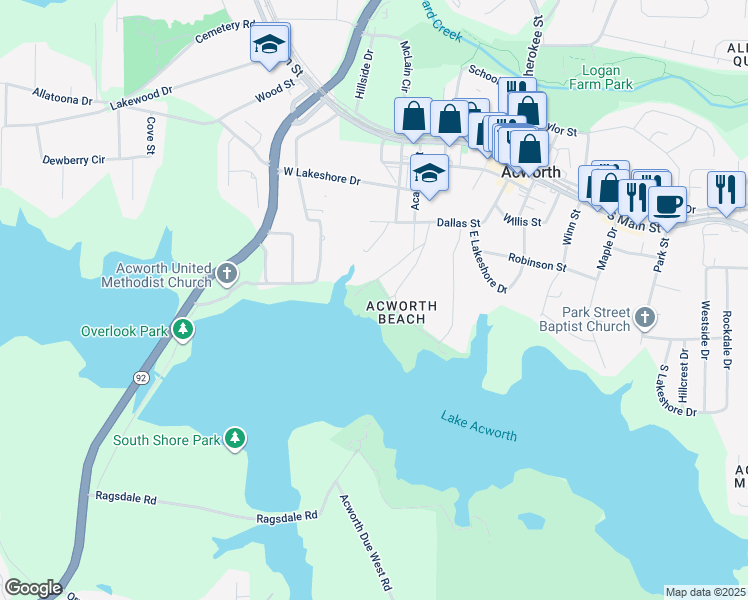map of restaurants, bars, coffee shops, grocery stores, and more near 4425 Beach Street in Acworth