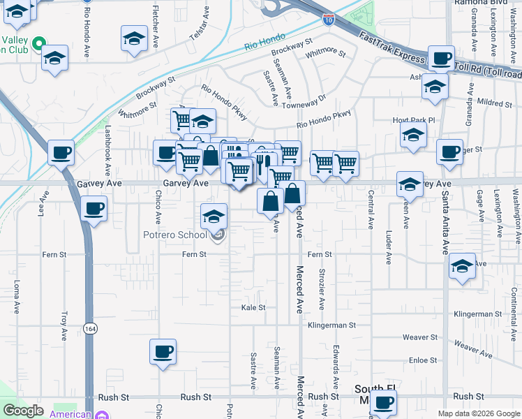map of restaurants, bars, coffee shops, grocery stores, and more near 10026 Giovane Street in El Monte
