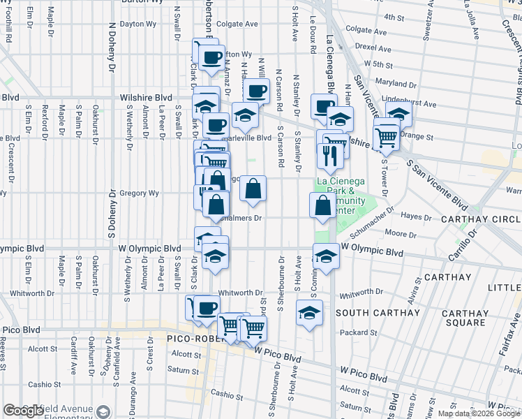 map of restaurants, bars, coffee shops, grocery stores, and more near 828 South Bedford Street in Los Angeles