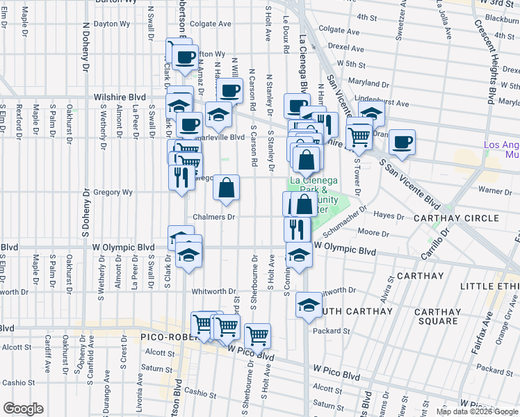 map of restaurants, bars, coffee shops, grocery stores, and more near 854 South Sherbourne Drive in Los Angeles