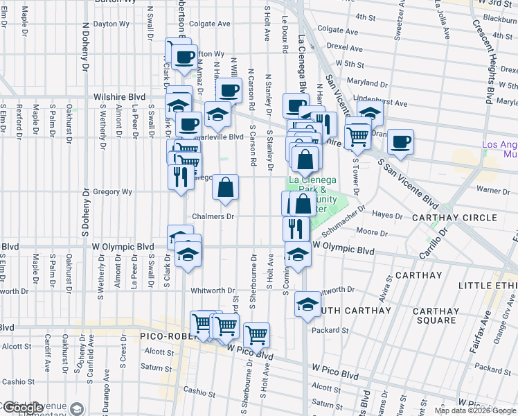 map of restaurants, bars, coffee shops, grocery stores, and more near 854 South Sherbourne Drive in Los Angeles