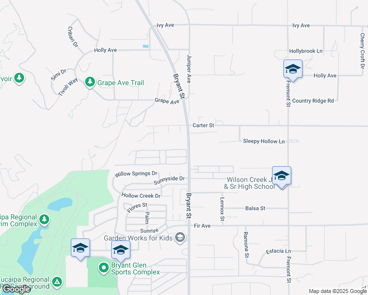 map of restaurants, bars, coffee shops, grocery stores, and more near 10622 Bryant Street in Yucaipa