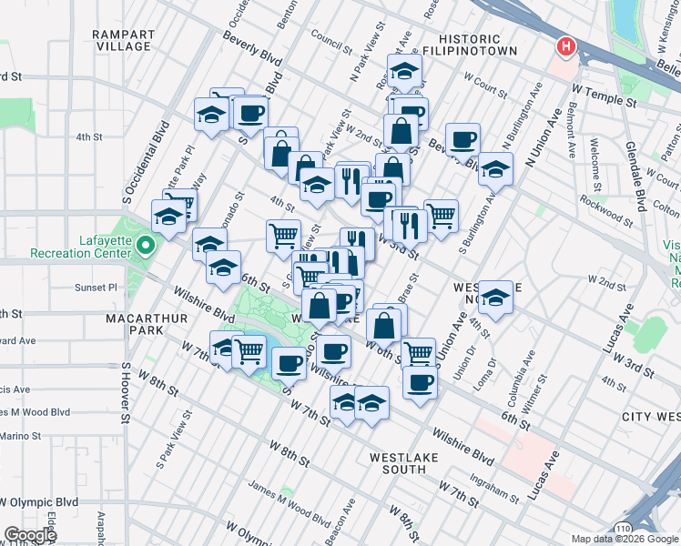 map of restaurants, bars, coffee shops, grocery stores, and more near 403 South Alvarado Street in Los Angeles