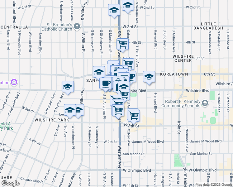 map of restaurants, bars, coffee shops, grocery stores, and more near 3810 Wilshire Boulevard in Los Angeles