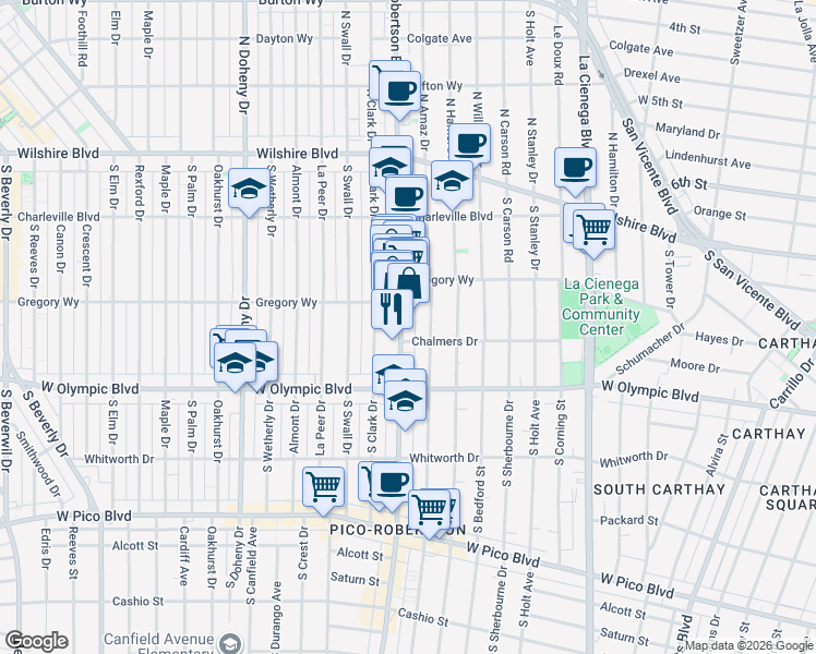 map of restaurants, bars, coffee shops, grocery stores, and more near 822 South Robertson Boulevard in Los Angeles