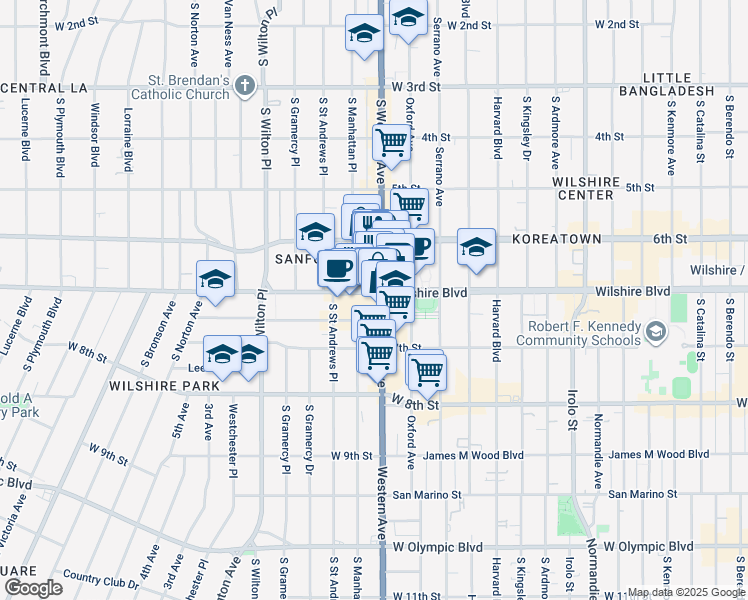map of restaurants, bars, coffee shops, grocery stores, and more near 621 South Western Avenue in Los Angeles